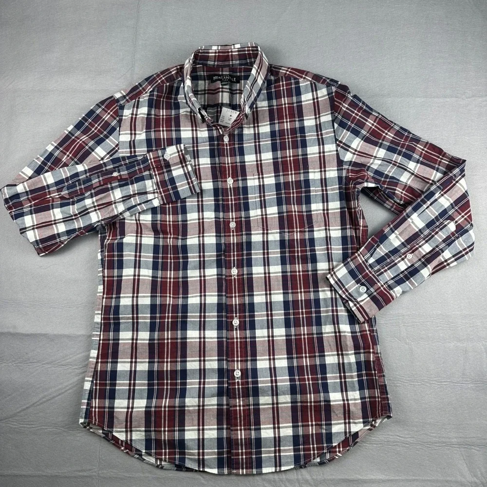 J.Crew Mercantile Flex Mens Small Plaid Button Down Shirt Burgundy Navy NEW - Picture 2 of 8